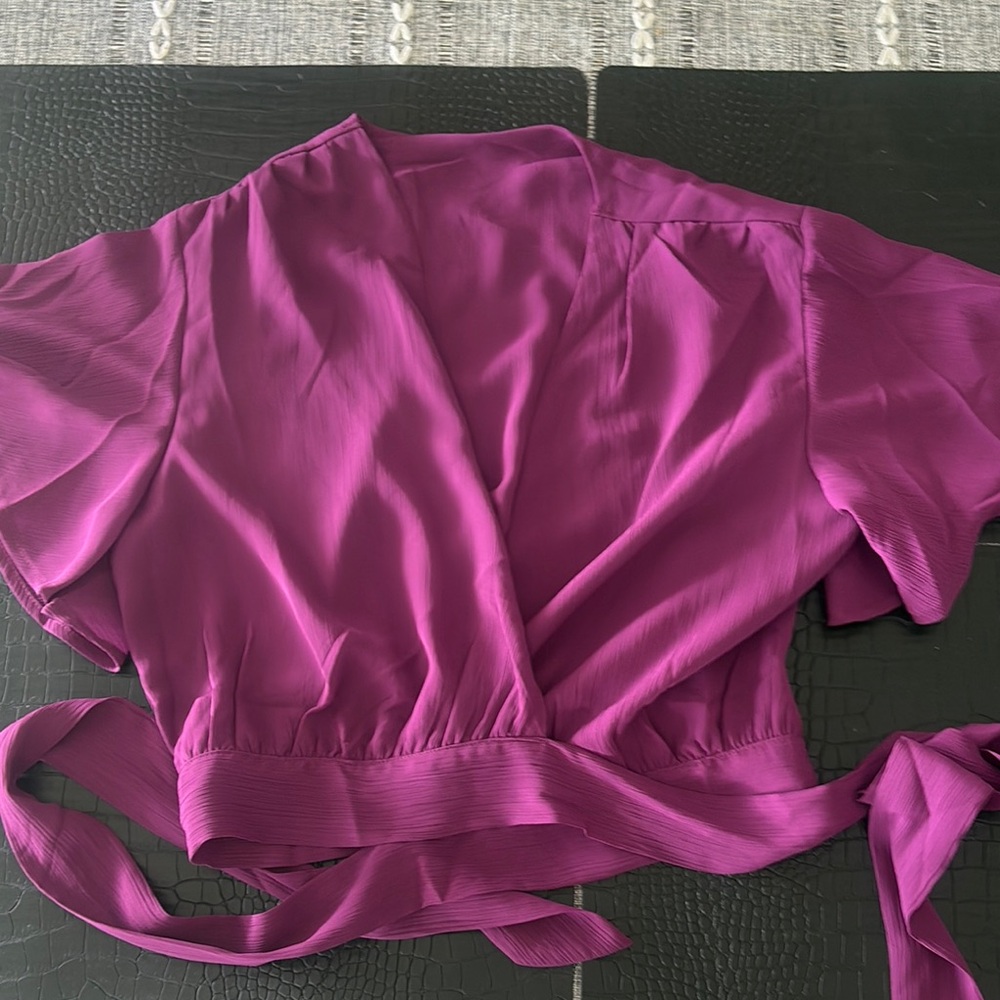 Pink Short Sleeve Wrap Blouse with Tie Front